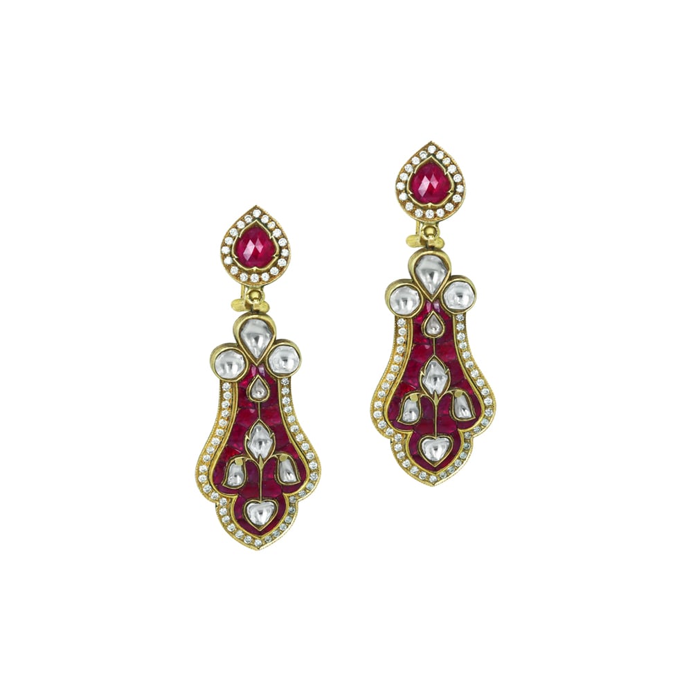 Pear-Shaped Earrings with Polki Diamonds and Red Enamel